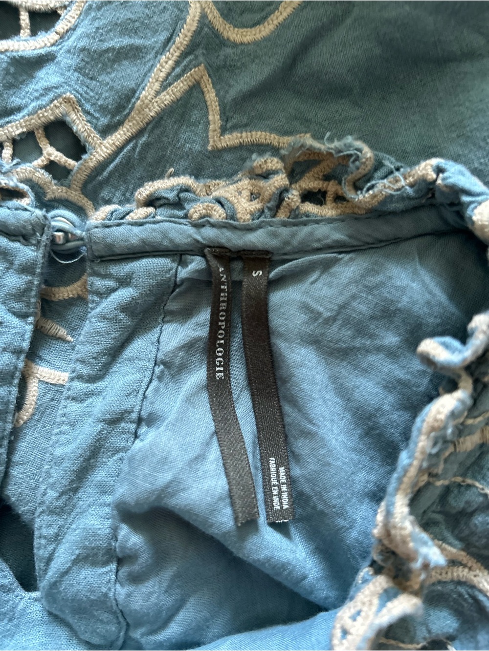 Anthropologie Linen Blend Lace Embroidered Blue Ling Sleeve blouse size S - Picture 8 of 9